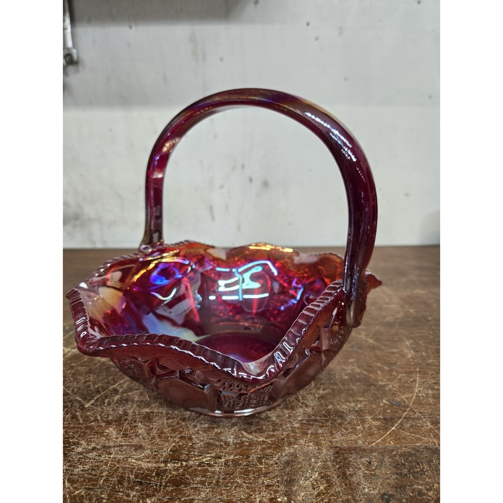 Vintage LE Smith Ruby Red Iridescent Carnival Glass Quintec Basket 8"